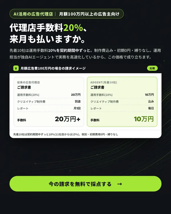 ADGENTの広告「代理店手数料20%、来月も払いますか。」