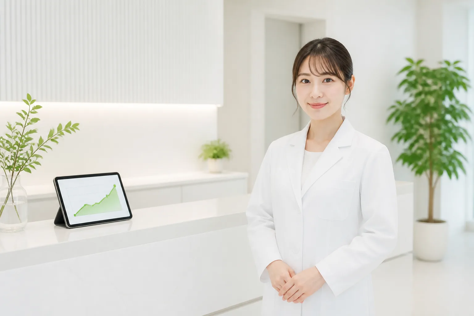 クリニックの受付とタブレット上の改善グラフのイラスト