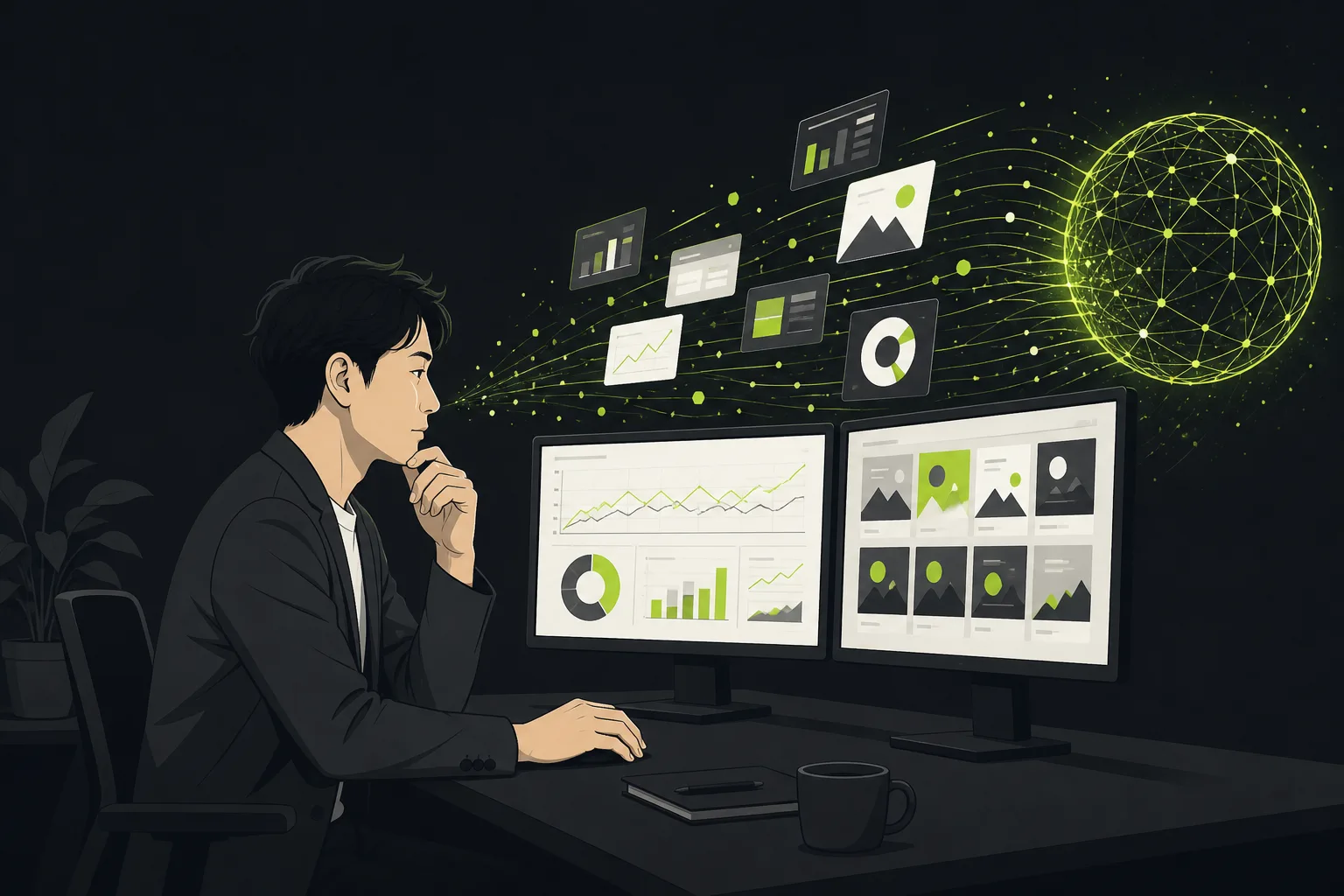 運用担当者が判断し、独自AIエージェントがグラフとクリエイティブを流し込むイラスト